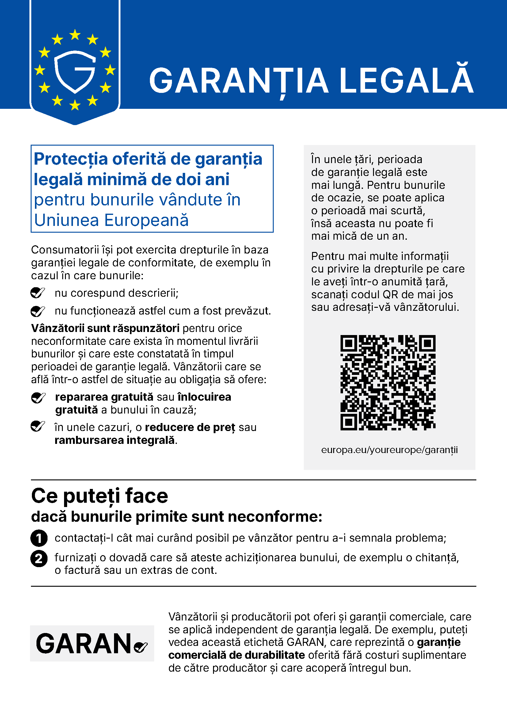 Notificarea armonizată a Uniunii Europene: Garanția legală. Protecția oferită de garanția legală minimă de doi ani pentru bunurile vândute în Uniunea Europeană. Textul complet este redat sub imagine.